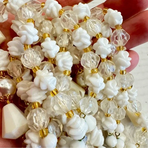 Vintage West Germany Multifaceted Four Strand Lucite Beads Faux Pearl Necklace - Picture 16 of 16